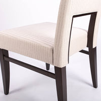 Blues Side Chair in white color fabric and dark legs, with open back, closed up back view.