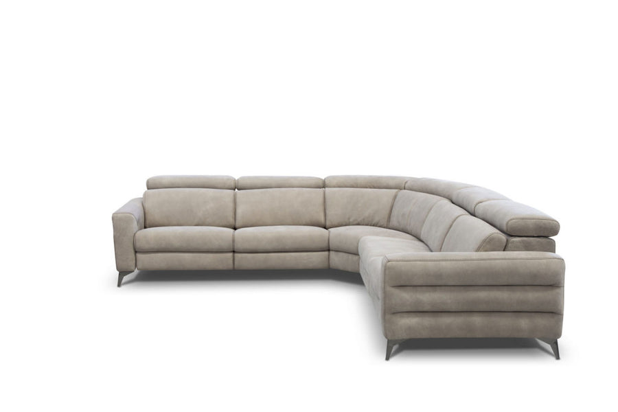 Ash Ermes sectional with channel tailoring on the outside arm and perimeter stitching feature on the arms, bronze metal legs, and battery operated reclining mechanism.