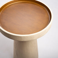 Cerused wood side table in whitewash finish accented with a hand-painted gold tone top. Closed up view of the top.