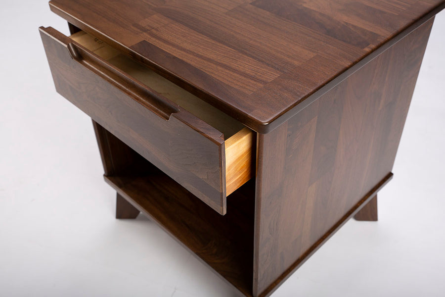 Linn Nightstand with one drawer created in Simple American modern design using natural Walnut hardwood.
