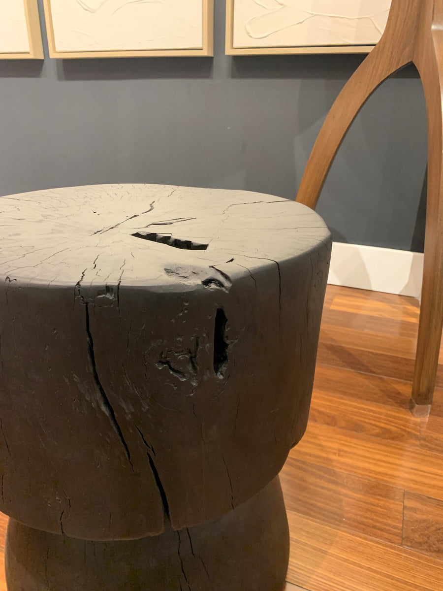 Tali Wooden Stump side table in black finish, made of Mayan rosewood.