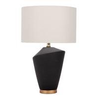 Gavin table lamp with a drum white shade and modern black ceramic body in an unique asymmetric design and a contrasting gold base.