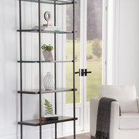 Spa Etagere bookcase placed in a room with decorative items on every shelf.