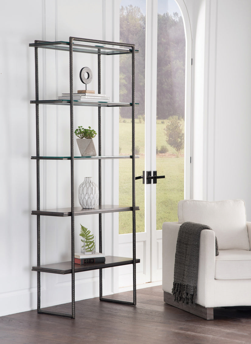 Spa Etagere bookcase placed in a room with decorative items on every shelf.