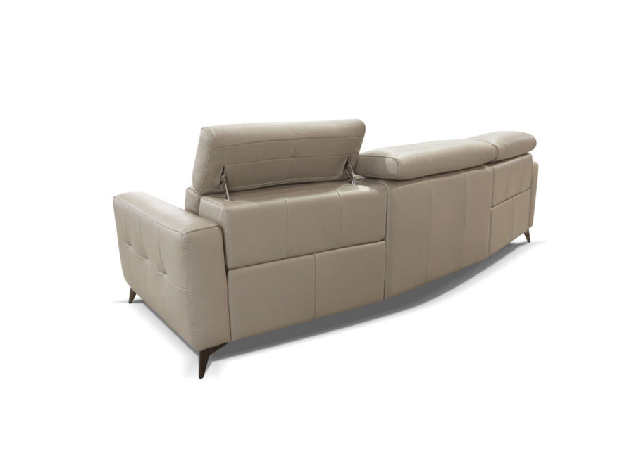 Beige leather 3 seater sofa consisting of left hand maxi recliner, right hand facing maxi recliner each and one armless chair maxi recliner. Back view.