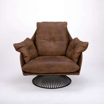A brown modern and luxury leather armchair with glossy spoked base anchors. Front view.