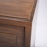Wooden Jones Side Table with one drawer and storage space under it. Closed up view of top angle.