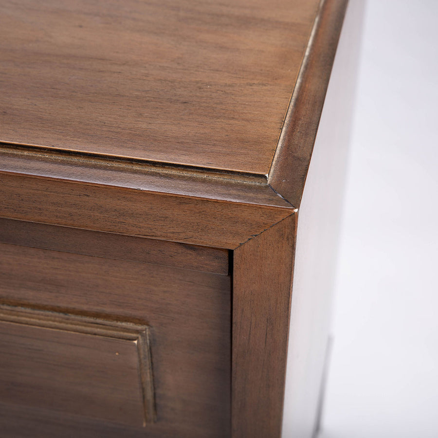 Wooden Jones Side Table with one drawer and storage space under it. Closed up view of top angle.
