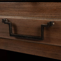 Wooden Jones Side Table with one drawer and storage space under it. Closed up view of drawer and hardware.