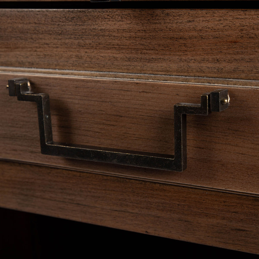 Wooden Jones Side Table with one drawer and storage space under it. Closed up view of drawer and hardware.