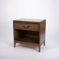 Wooden Jones Side Table with one drawer and storage space under it. Front view.