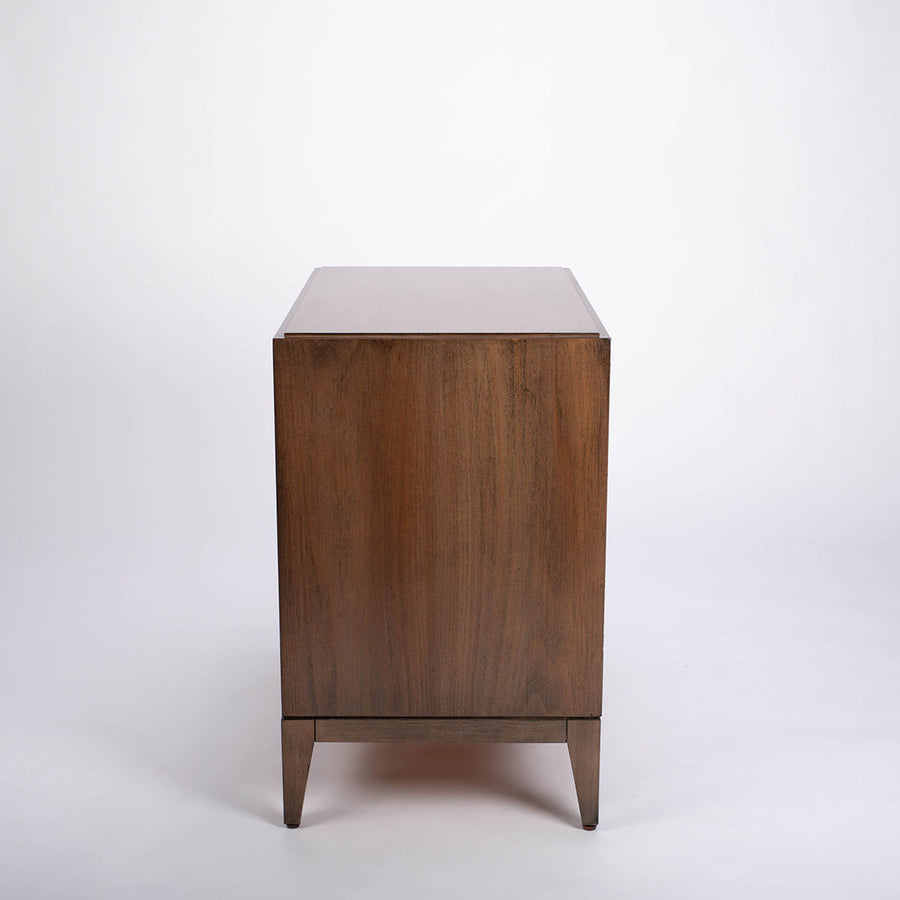 Wooden Jones Side Table with one drawer and storage space under it. Side view.
