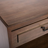 Wooden Jones Side Table with one drawer and storage space under it. Closed up view of top and drawer and hardware.