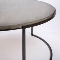 Taylor Cocktail Table with spare, elegant lines with maple top and metal base, closed up view.