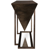 Braga Console with abstract metal finish, shaped like a reversed pyramid, side view.