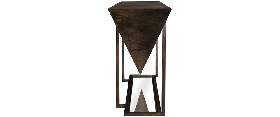 Braga Console with abstract metal finish, shaped like a reversed pyramid, side view.