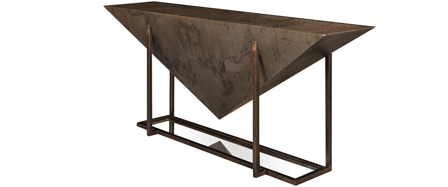 Braga Console with abstract metal finish, shaped like a reversed pyramid.