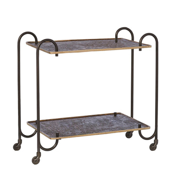 Two level Blade Bar Cart with cast textured aluminum bronze finished upper and lower shelves separated and held in place with four arching hollow iron tubing legs.