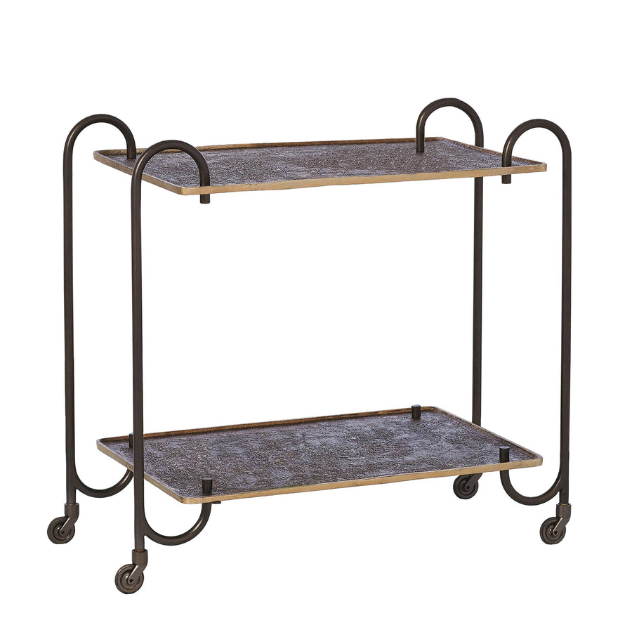 Two level Blade Bar Cart with cast textured aluminum bronze finished upper and lower shelves separated and held in place with four arching hollow iron tubing legs.