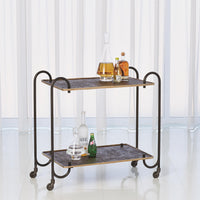 Two level Blade Bar Cart with cast textured aluminum bronze finished upper and lower shelves separated and held in place with four arching hollow iron tubing legs.