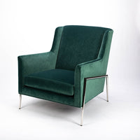 Green fabric Twiggy lounge chair with elegant leg detail in polished steel. Front and side view.