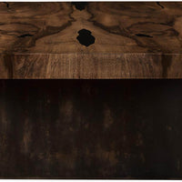 Rectangular Noma Dining Table with dark brown wooden base and a solid tree featured top texture. Side view.
