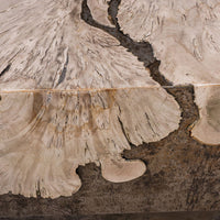 Milpa Vuelto Cocktail Table with artistic combination of burnished metal and exotic reclaimed south American wood species.