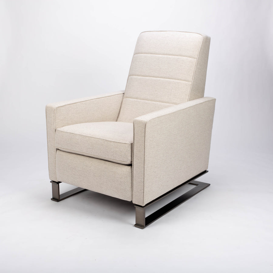 A white fabric Tate recliner lounge chair with stainless steel base, front and side  view.