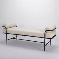 White Belvedere Bench with forged steel found on the legs, arms, and perimeter of seating area. 