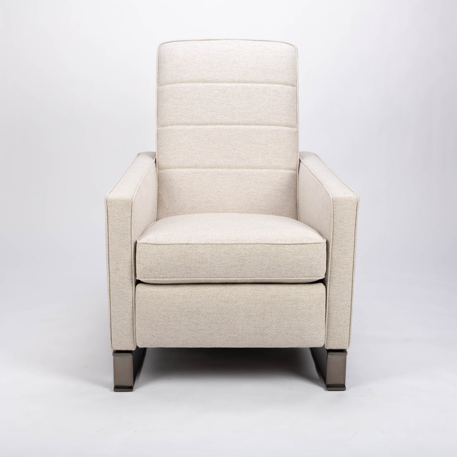 A white fabric Tate recliner lounge chair with stainless steel base, front view.