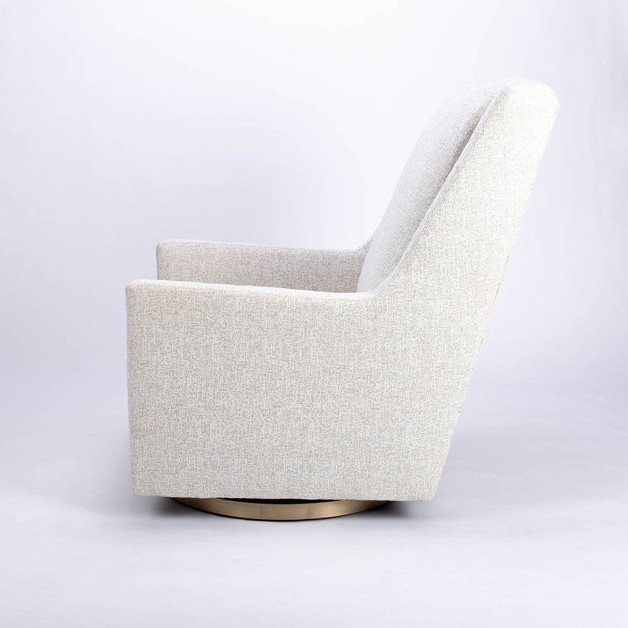 Clarence swivel high back lounge chair in white color, side view.
