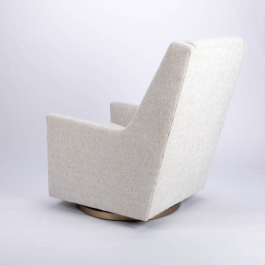 Clarence swivel high back lounge chair in white color, side and back view.