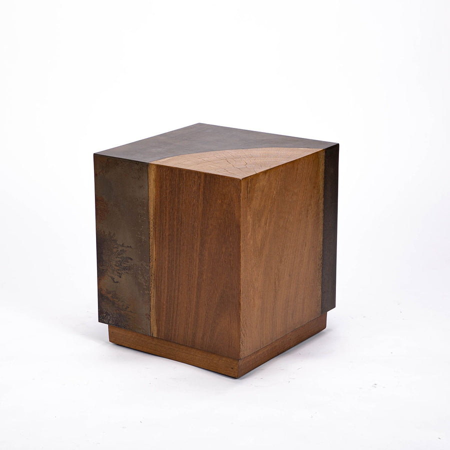 Kobe Low cube side table with wooden look made from ollection of organic designed metal and “Toasted Yukas” wood species from South America.