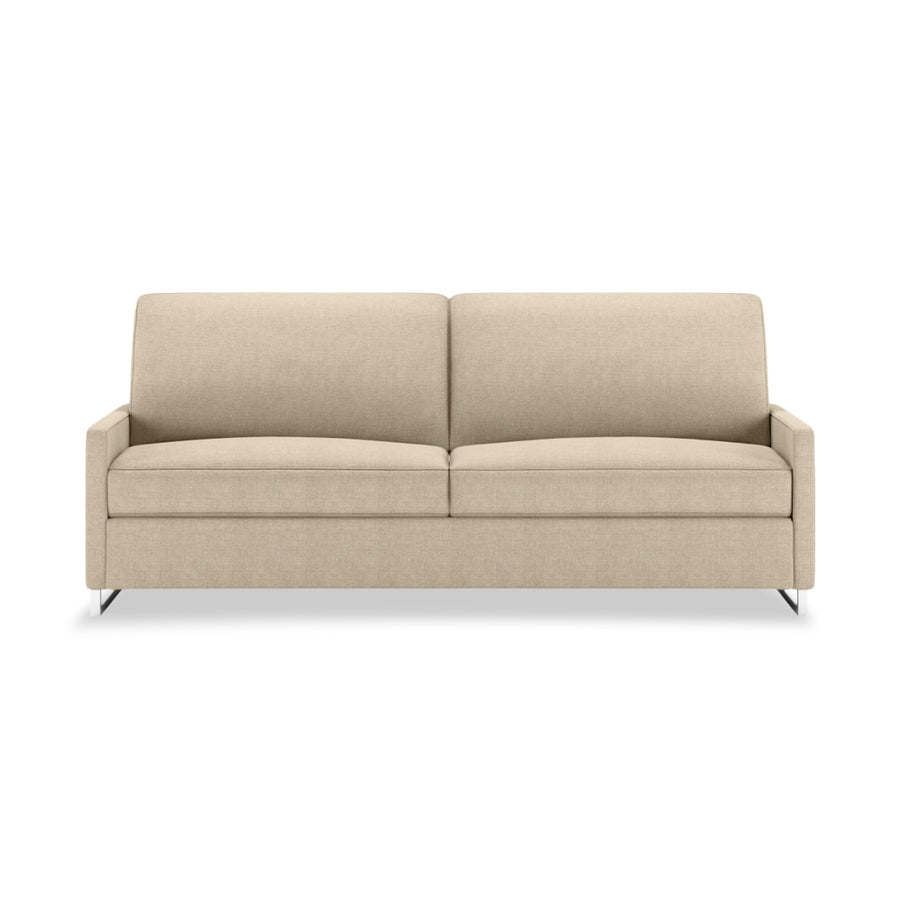 Brandt Comfort Sleeper - Two seat comfort sofa bed with with sleek track arms that sit atop of a modern metal stainless steel sled legs
