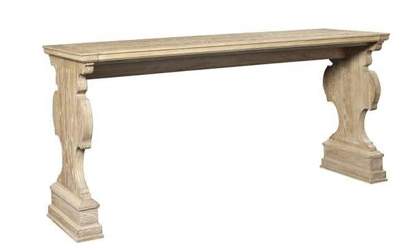 Atelier Italian Console in ash color with decorative shaped pedestals with carved moldings. 