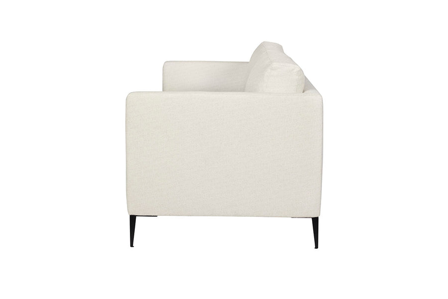 White two seat Benedict sofa with clean lines and sleek metal legs. Side view.