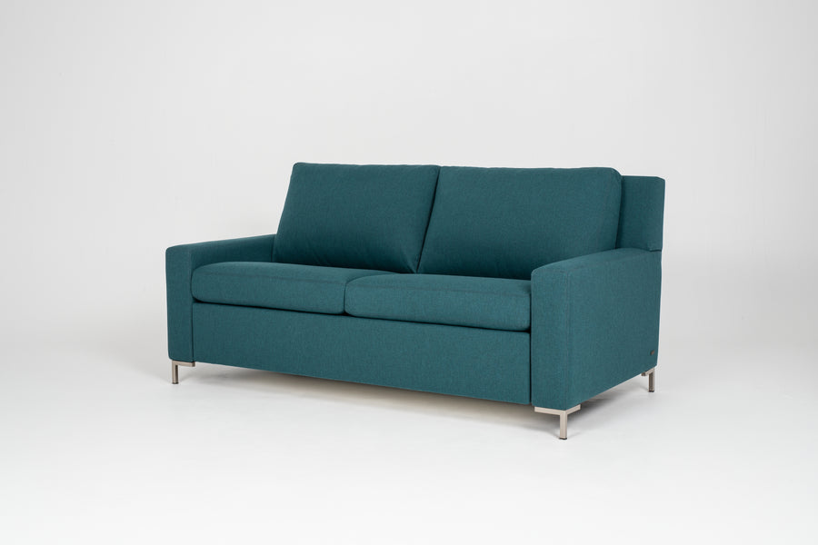 American Leather Bryson Two Seat Comfort Sofa Bed in blue color, front view. 