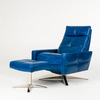 A blue leather recliner chair with four star base and ottoman, side and front view.