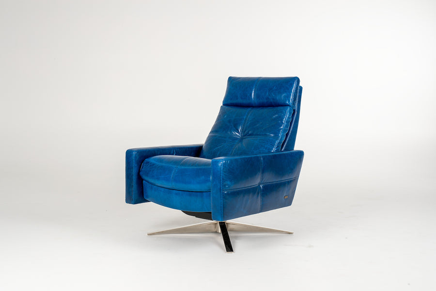 A blue leather recliner chair with four star base.