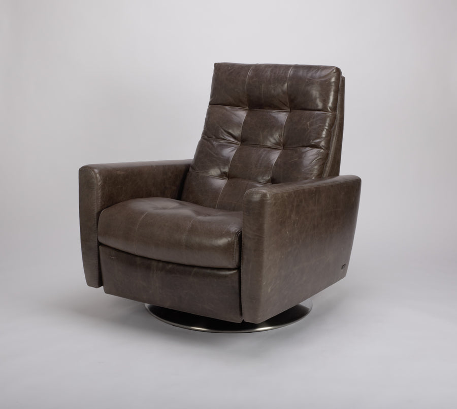 American leather Como LG zero-gravity recliner chair with plush buttonless tufting on the back and seat cushions, brown.