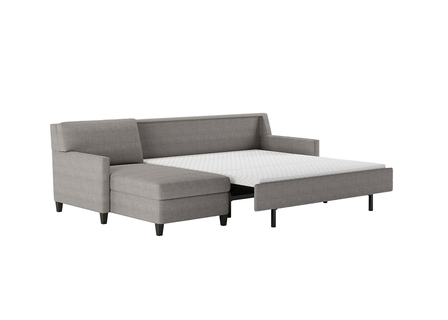 American Leather Conley Two Seat Comfort Sofa Bed in grey color with square tapered wooden legs, side view, pulled-out.