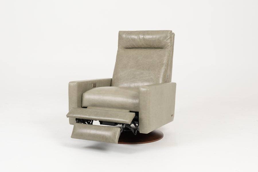 American Leather's Cumulus Comfort Air recliner in white color, front and side view.