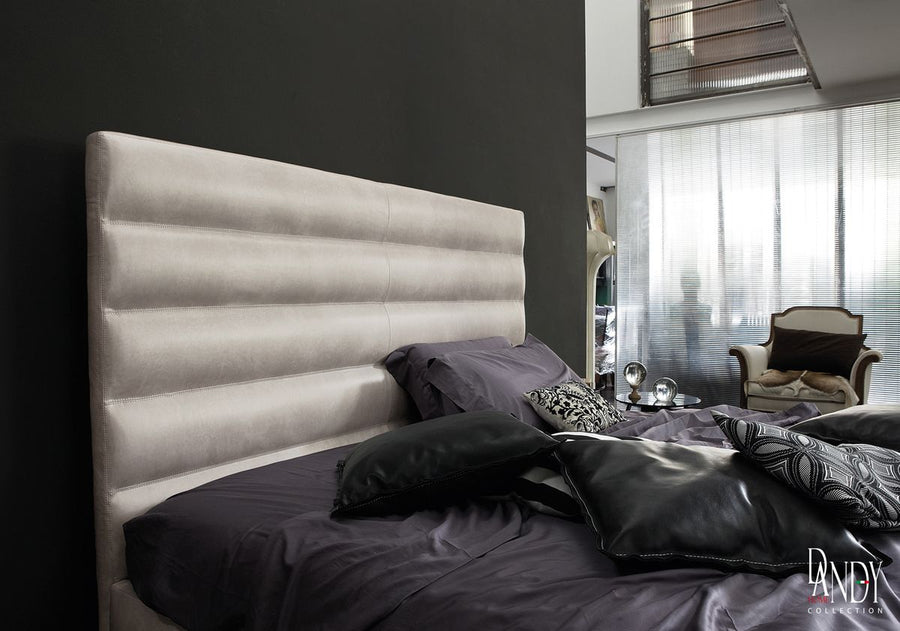 Wafer Nite Modern leather-upholstered bed with a high backrest and horizontal topstitched strips.