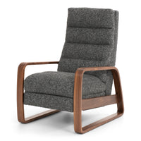 The Elton XT recliner by American Leather with wooden arms formed into soft geometric shapes, down-filled channel-tufted back and seat cushions. Grey color, front and side view.