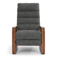 The Elton XT recliner by American Leather with wooden arms  formed into soft geometric shapes, down-filled channel-tufted back and seat cushions. Grey color, front view.