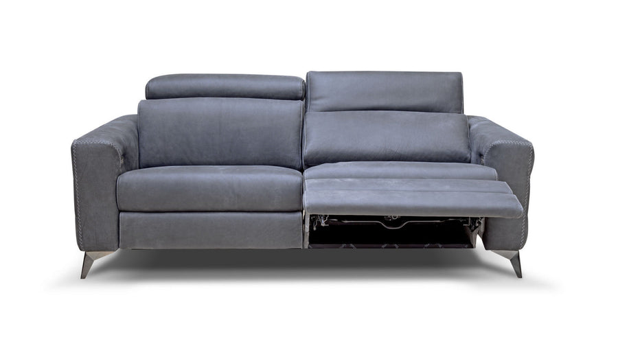 Grey Ermes leather sofa with power mechanism and touchpad that individually controls headrest and footrest. Front view with one side reclined.