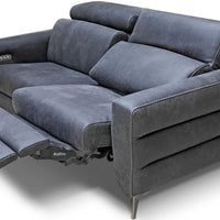 Grey Ermes leather sofa with power mechanism and touchpad that individually controls headrest and footrest.