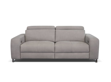Beige leather Focus sofa with medium soft seat with stitching detail and metal detail on the outside arm. Front view. 