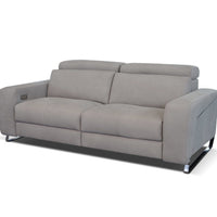 Beige leather Focus sofa with medium soft seat with stitching detail and metal detail on the outside arm. Front view.