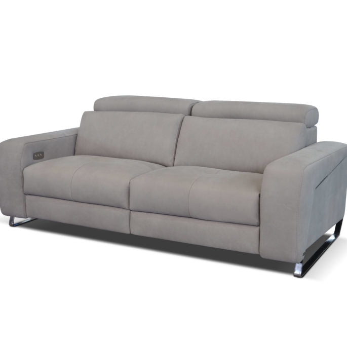 Beige leather Focus sofa with medium soft seat with stitching detail and metal detail on the outside arm. Front view.